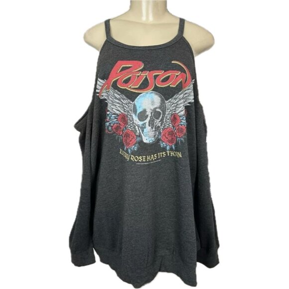 Vinyl Icons +5 Gray Fleece Knit Poison Band Skull-Rose Cold Shoulder Sweatshirt - Picture 2 of 8